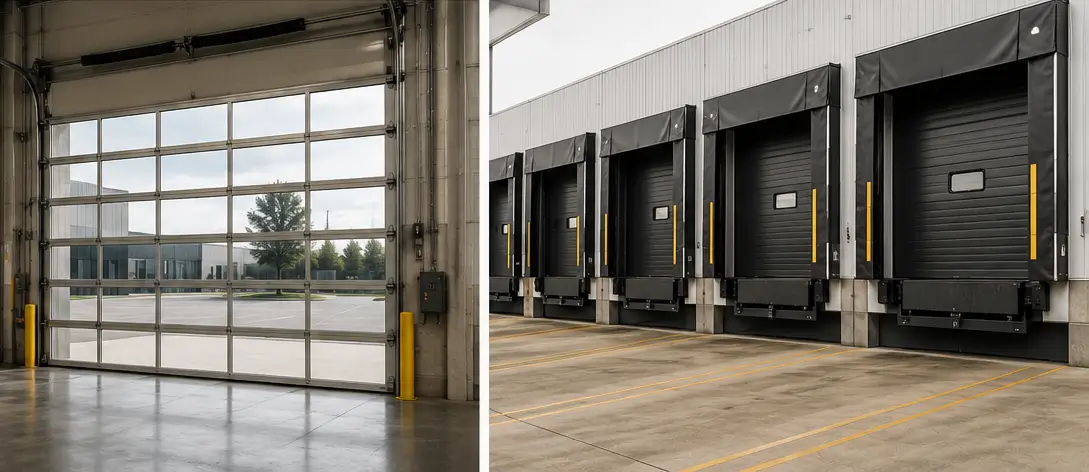 Commercial garage door types including sectional overhead, rolling steel, high speed, fire rated and full view systems