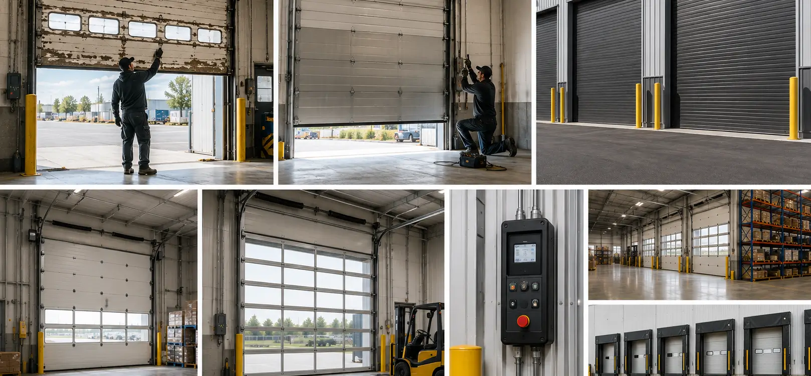 Commercial garage door upgrade showing older warehouse doors being replaced with modern industrial overhead door systems