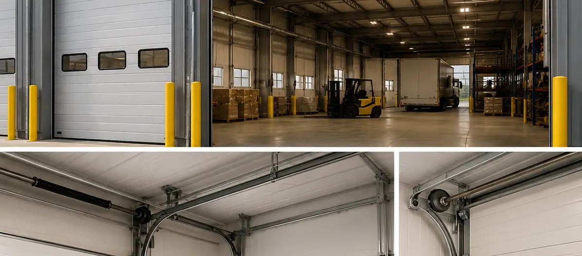 Commercial sectional garage doors at a warehouse with tracks, loading bays and industrial operating space