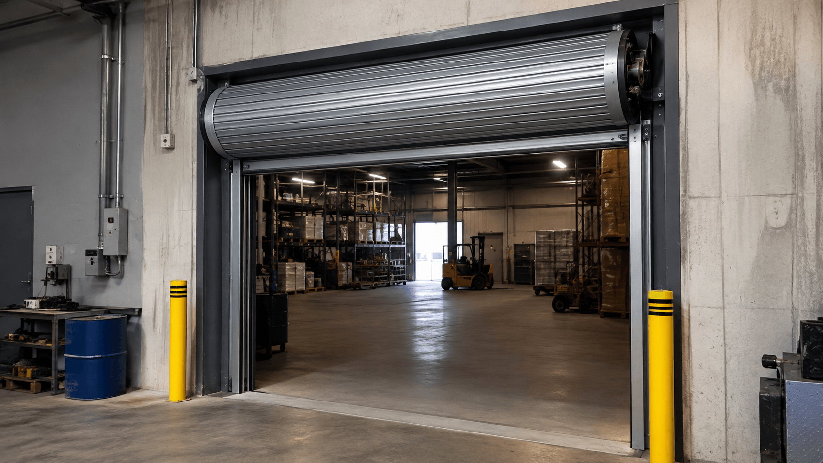 Rolling steel commercial garage door at an industrial warehouse with loading area and safety bollards