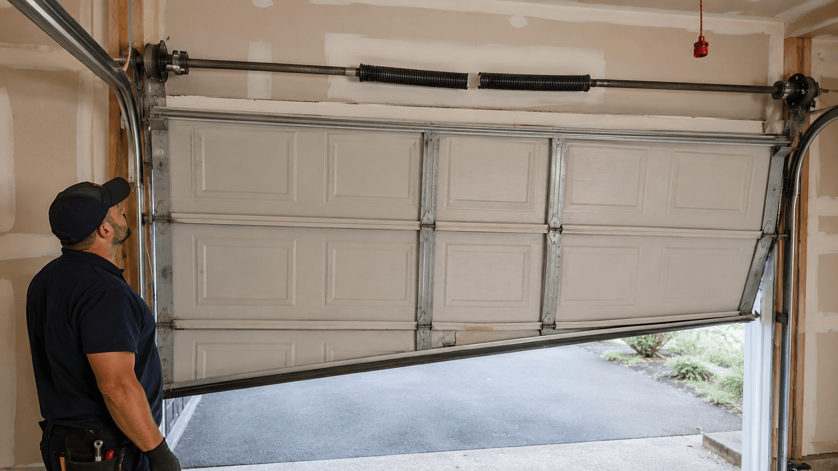 Emergency garage door inspection showing a broken torsion spring and an uneven sectional garage door