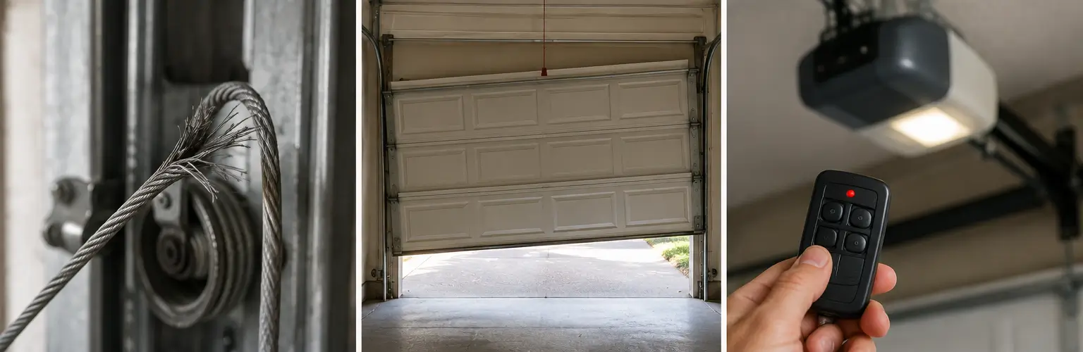 Emergency garage door problems showing an off-track door, broken spring, frayed cable and opener failure