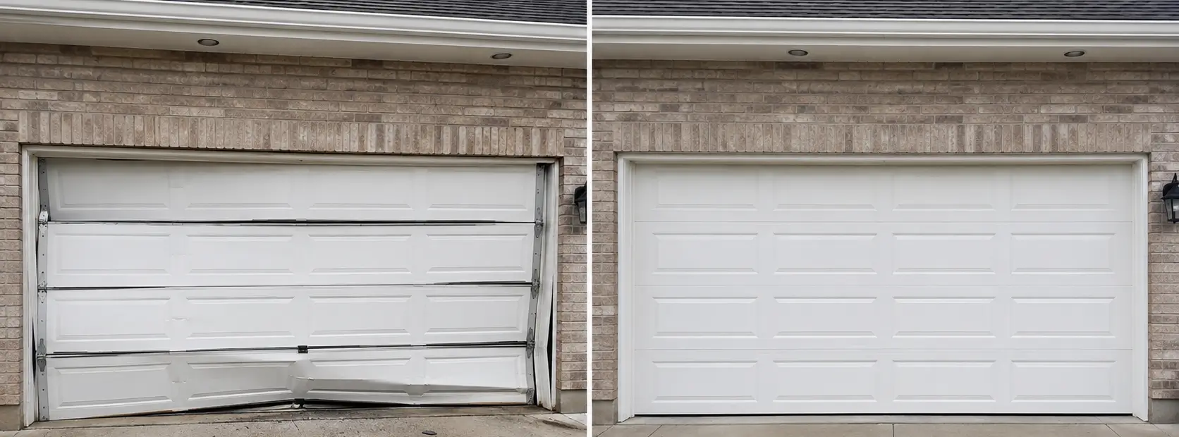 Before and after emergency garage door repair showing an impact-damaged garage door restored to proper condition