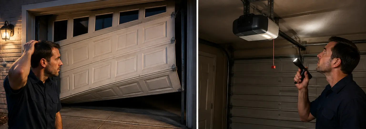 Emergency garage door failure showing a crooked stuck door, broken spring, frayed cable and opener problems