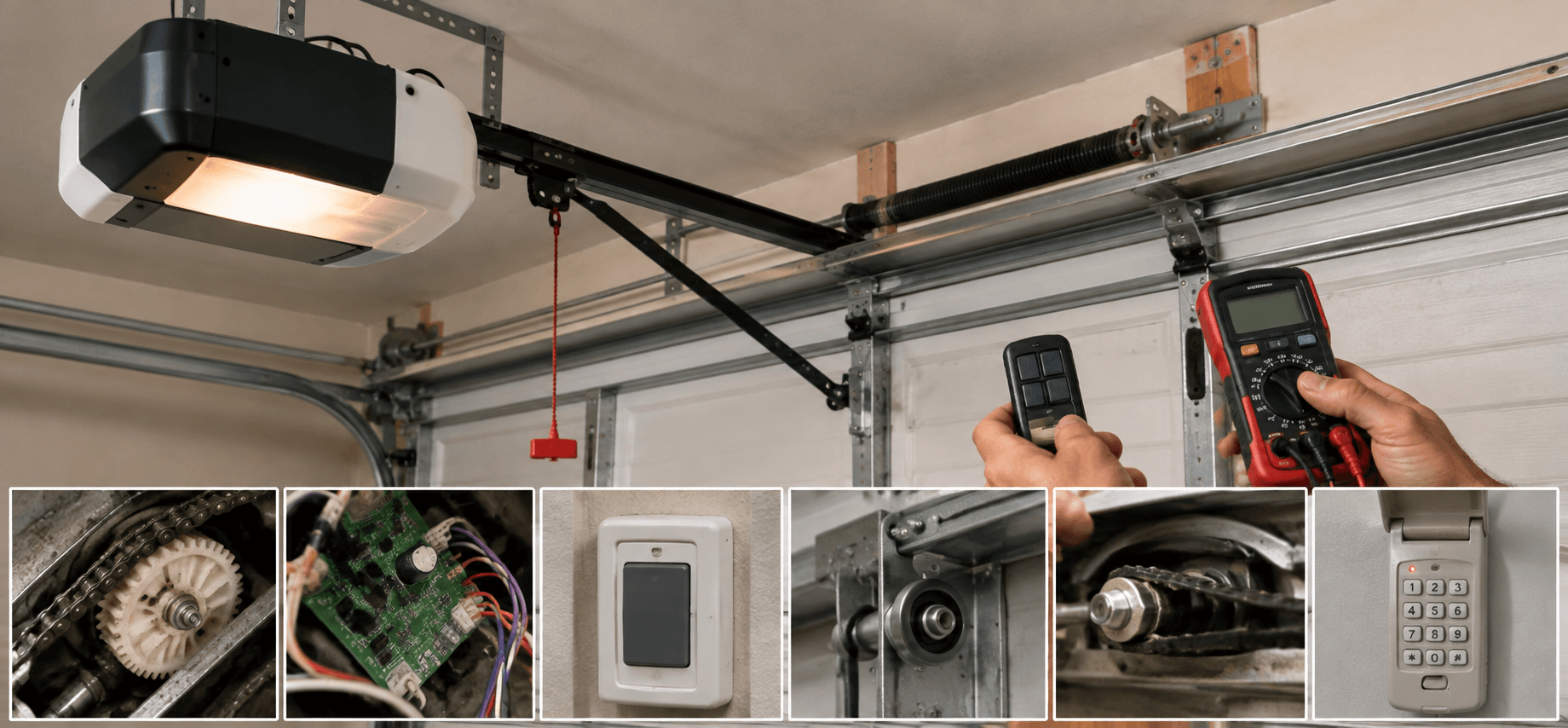Garage door opener diagnostic inspection showing motor, remote, circuit board, rollers and keypad