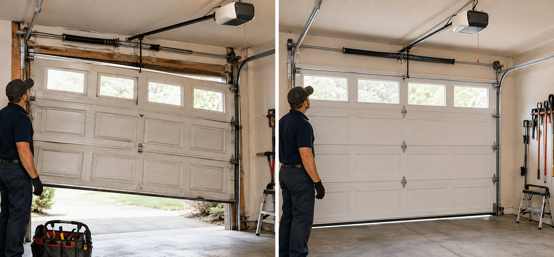 Before and after garage door repair showing an uneven damaged door restored to smooth balanced operation