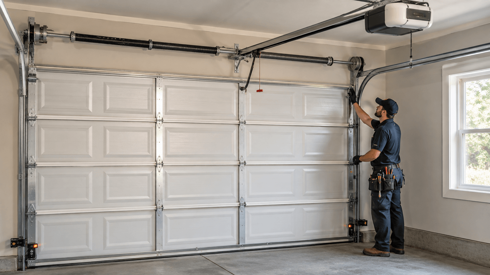 Garage door technician inspecting tracks, springs, rollers, cables and opener components during installation