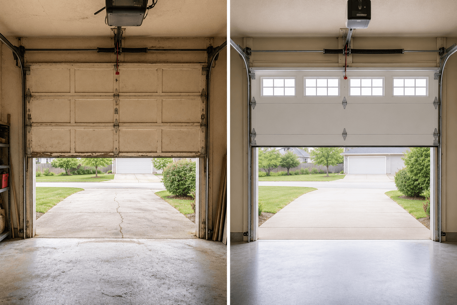 Before and after garage door installation showing an old damaged door replaced with a new properly aligned sectional garage door