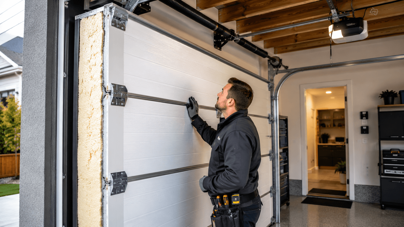 Garage door technician inspecting an insulated sectional garage door and related hardware