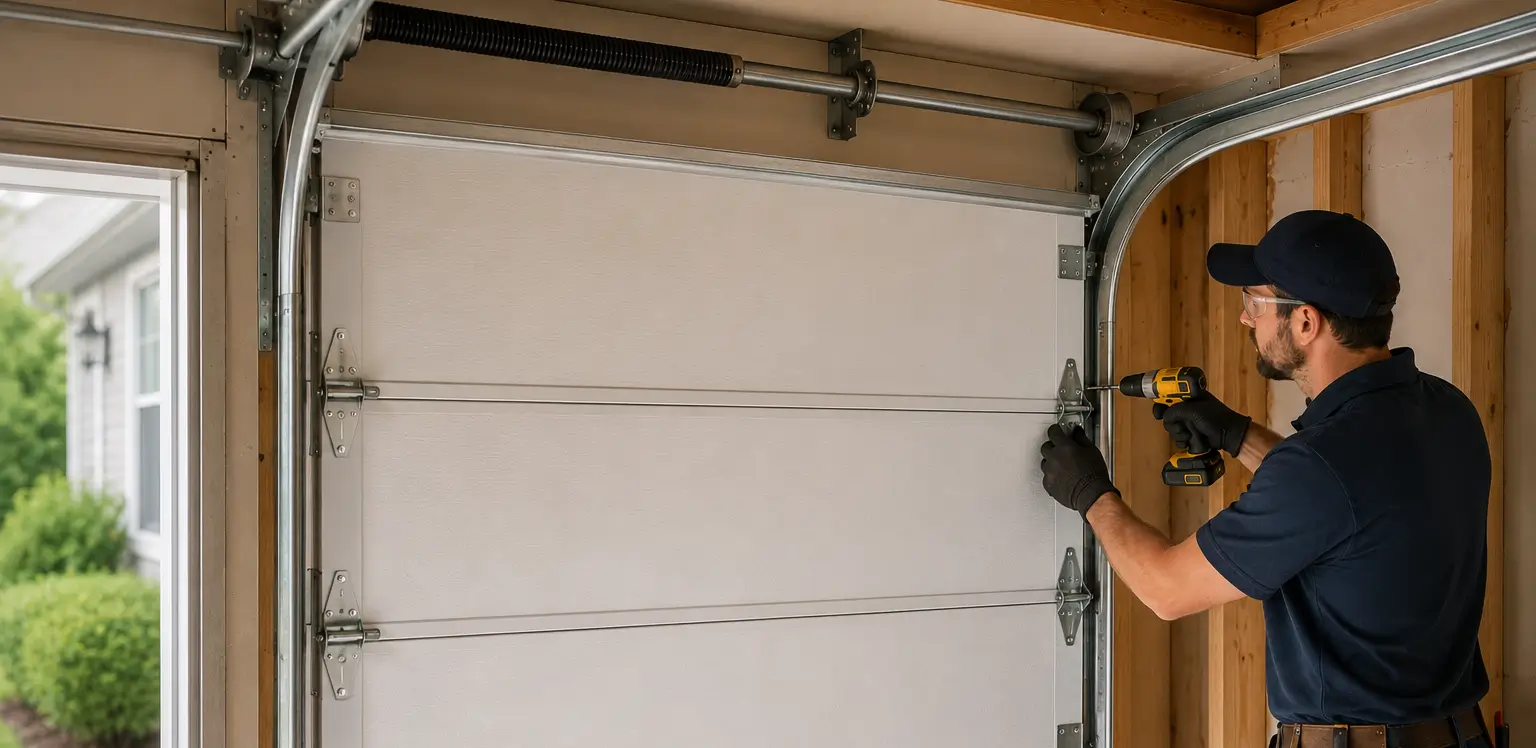 Garage door installation technician fitting and securing a sectional garage door inside a residential garage