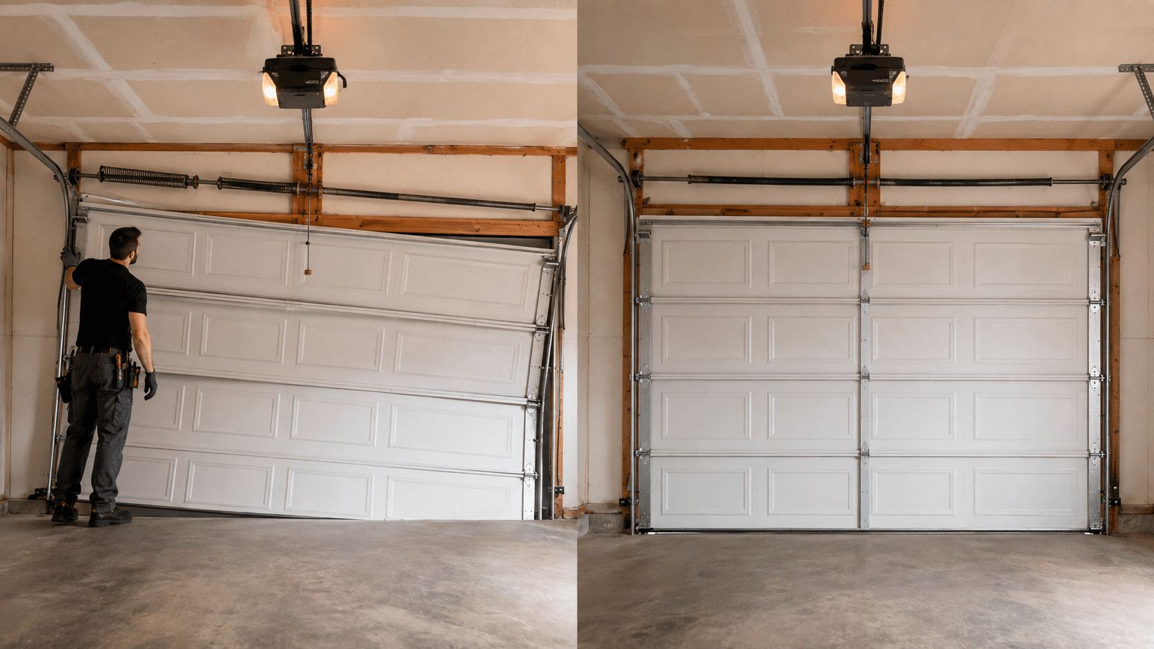 Before and after garage door balance correction showing an uneven door restored to proper level operation