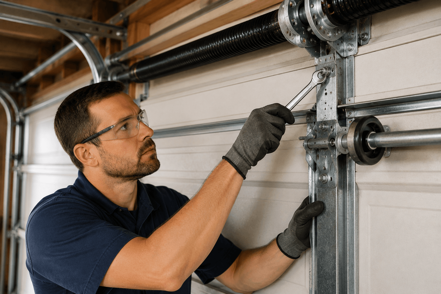 Garage door maintenance technician tightening loose hardware and inspecting tracks, rollers and spring components