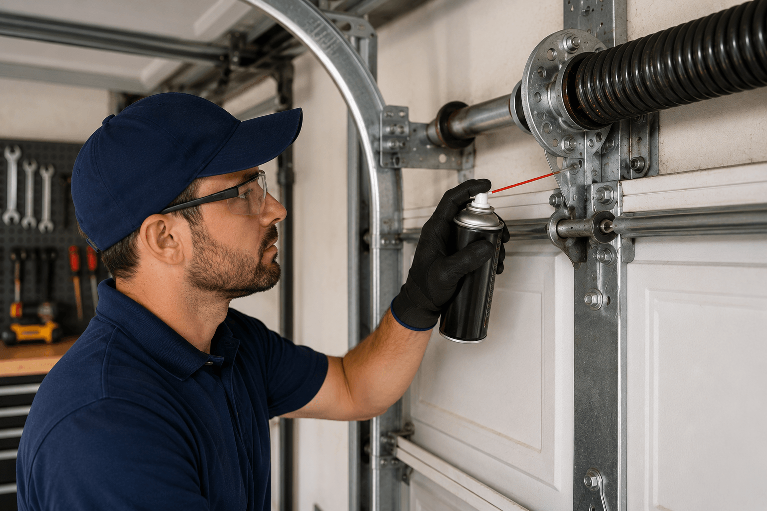 Garage door maintenance technician applying lubricant to moving garage door hardware and spring components