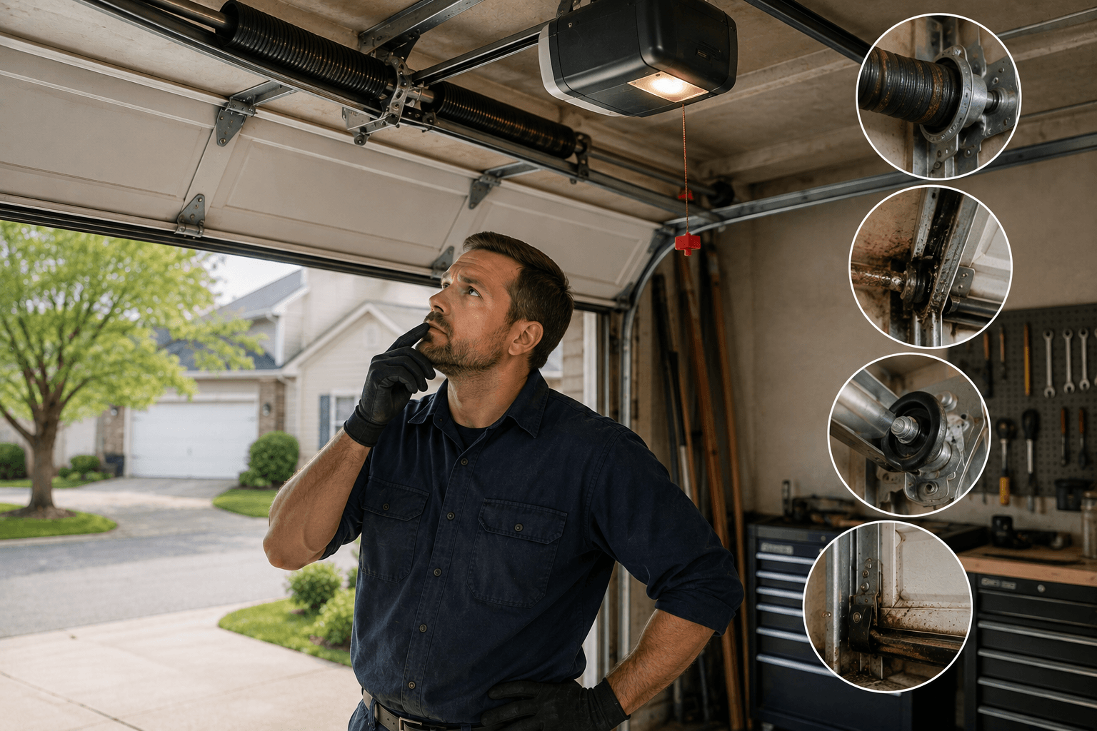 Garage door maintenance inspection showing worn springs, rollers, tracks and lower door hardware