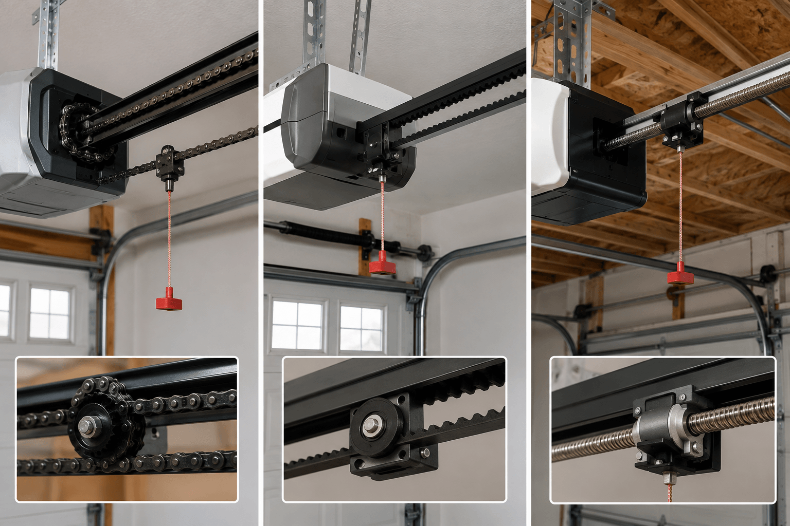 Comparison of chain drive, belt drive and screw drive garage door opener systems