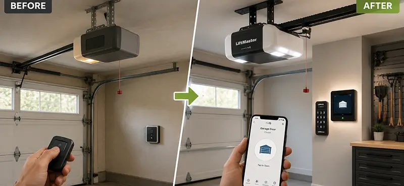 Before and after garage door opener upgrade showing a basic remote system and a modern smart opener with keypad and mobile access