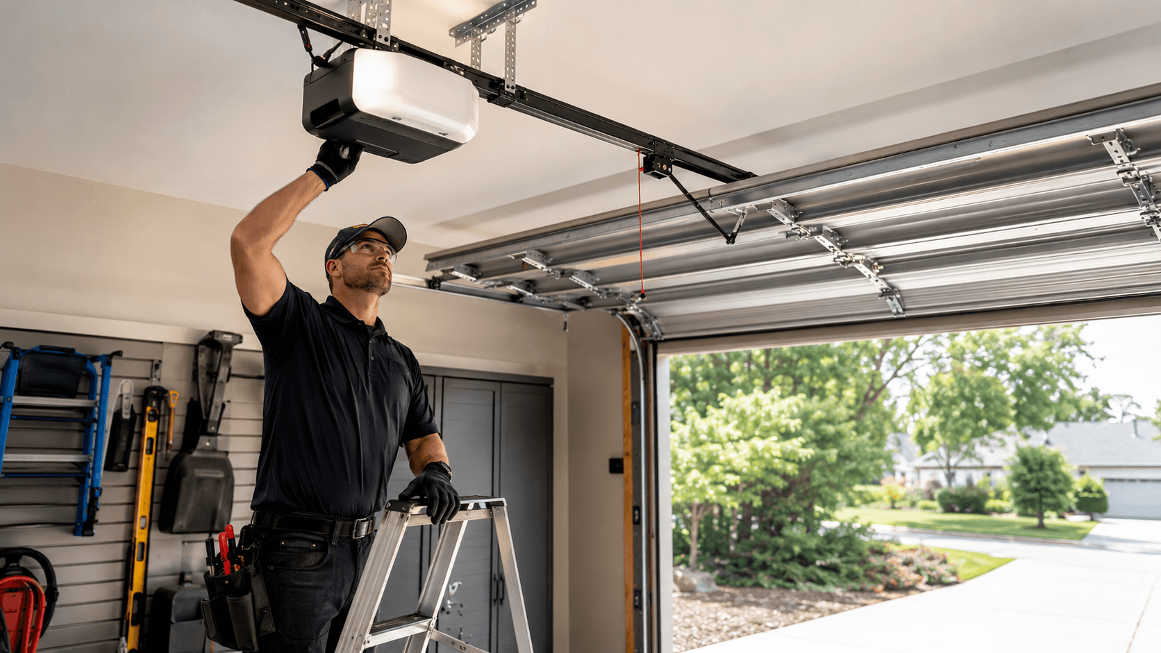 Garage door technician inspecting an opener motor, rail and connected door hardware for changes in movement and performance