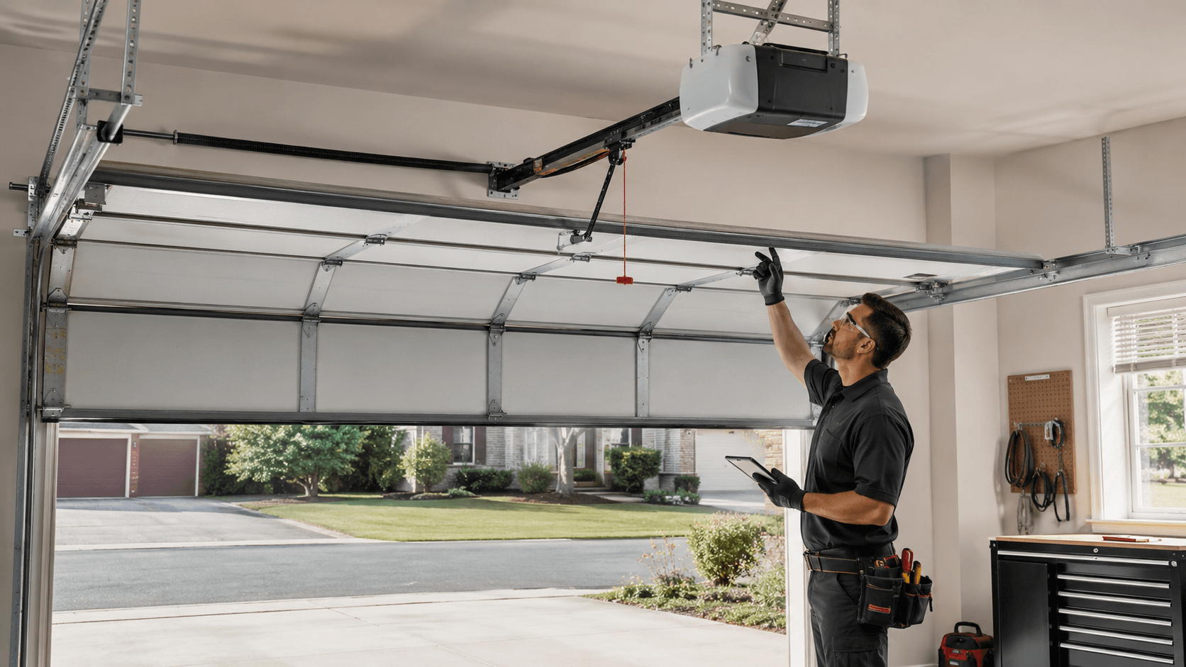 Garage door technician inspecting the opener motor, rail, trolley and connected garage door system