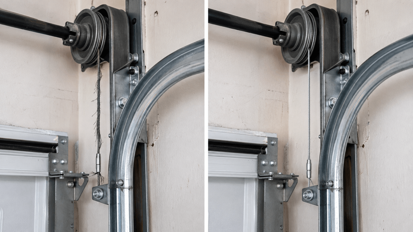 Before and after garage door cable replacement showing a frayed damaged cable and a properly installed replacement cable