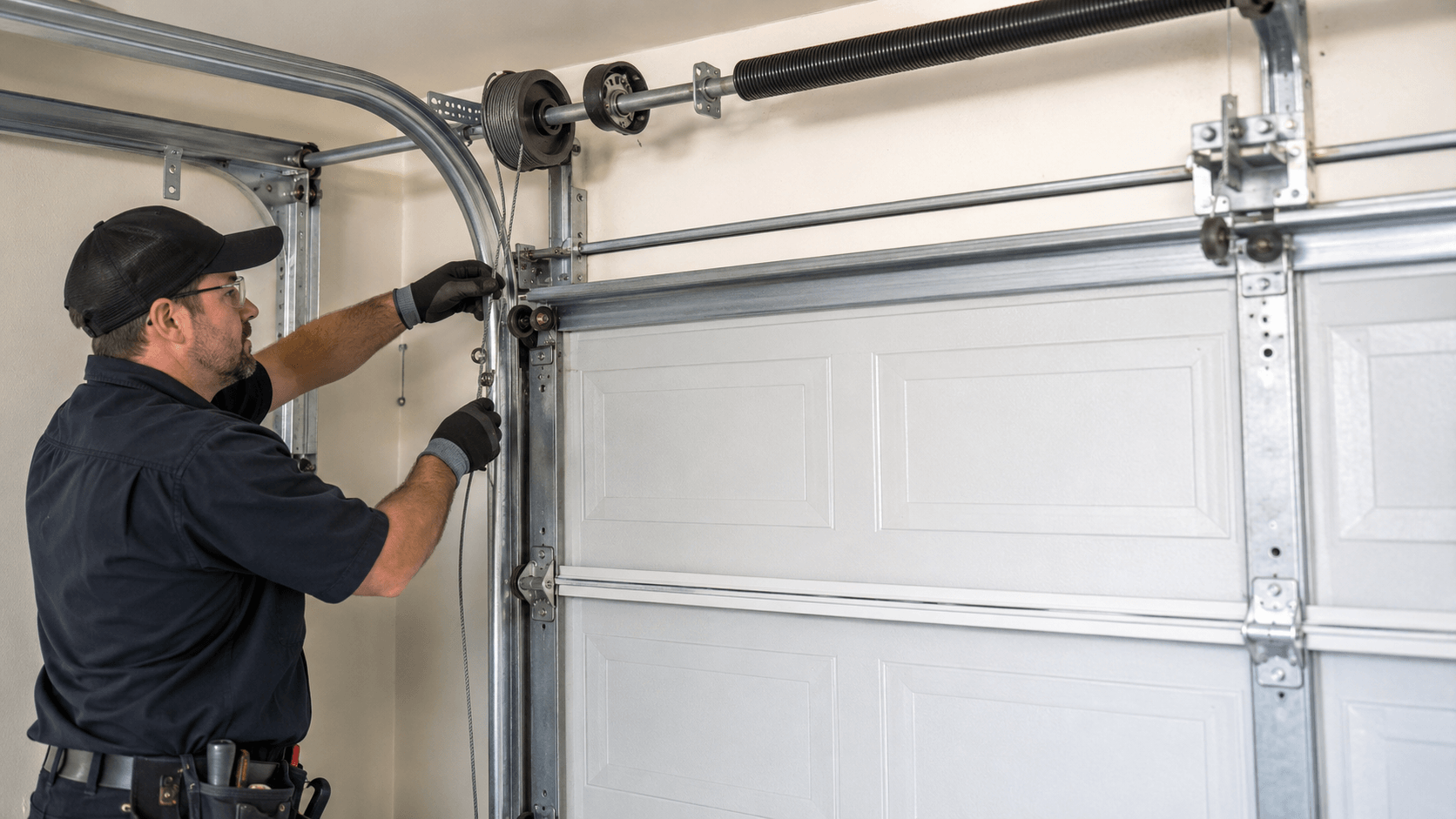 Garage door technician inspecting lift cables, drums and connected garage door hardware