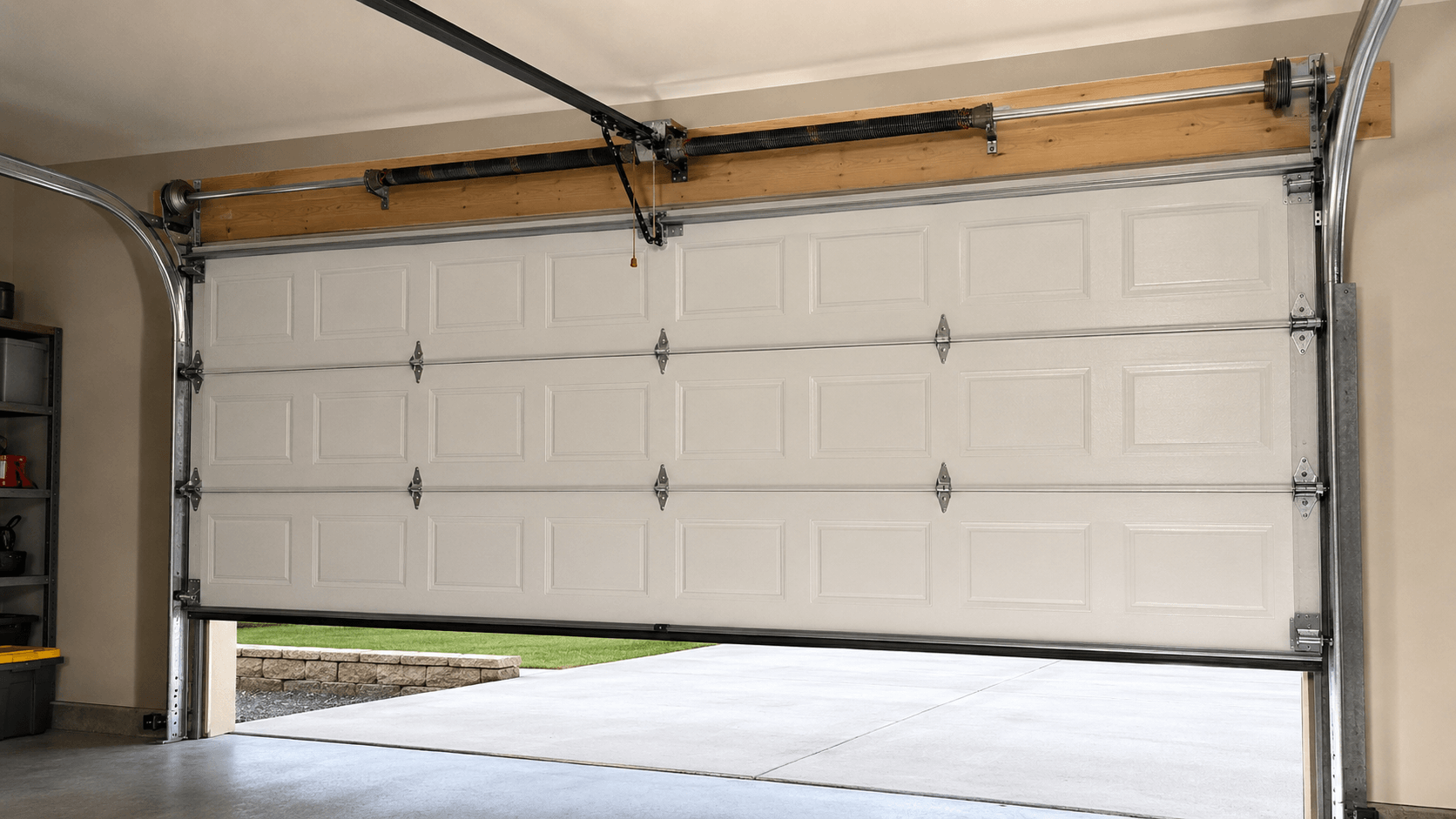 Garage door components including panels, tracks, rollers, cables and torsion spring hardware shown in a realistic residential garage system