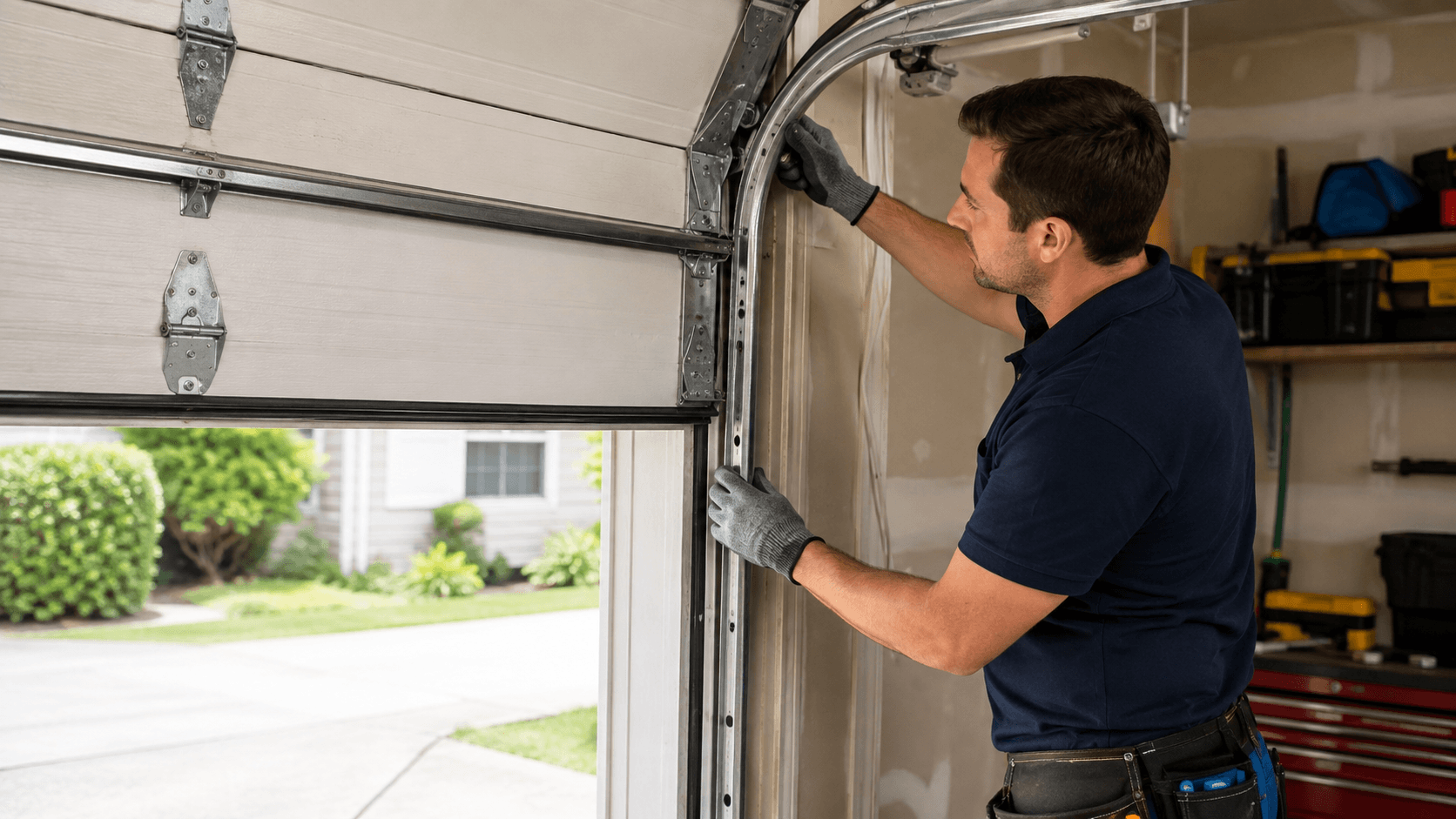 Garage door technician inspecting vertical and curved track alignment on a residential sectional garage door