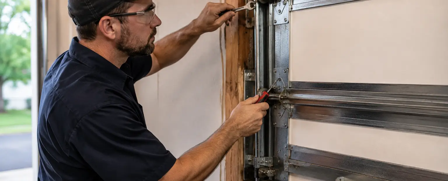 Garage door repair technician adjusting track hardware and inspecting replacement parts in Indianapolis
