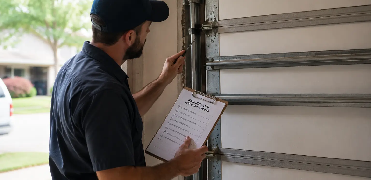Garage door repair technician inspecting tracks, rollers and hardware to diagnose the source of a door problem