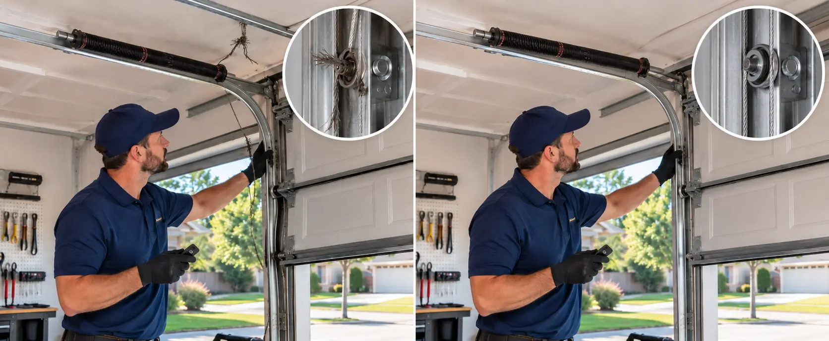 Before and after garage door repair showing a damaged cable and the repaired garage door hardware