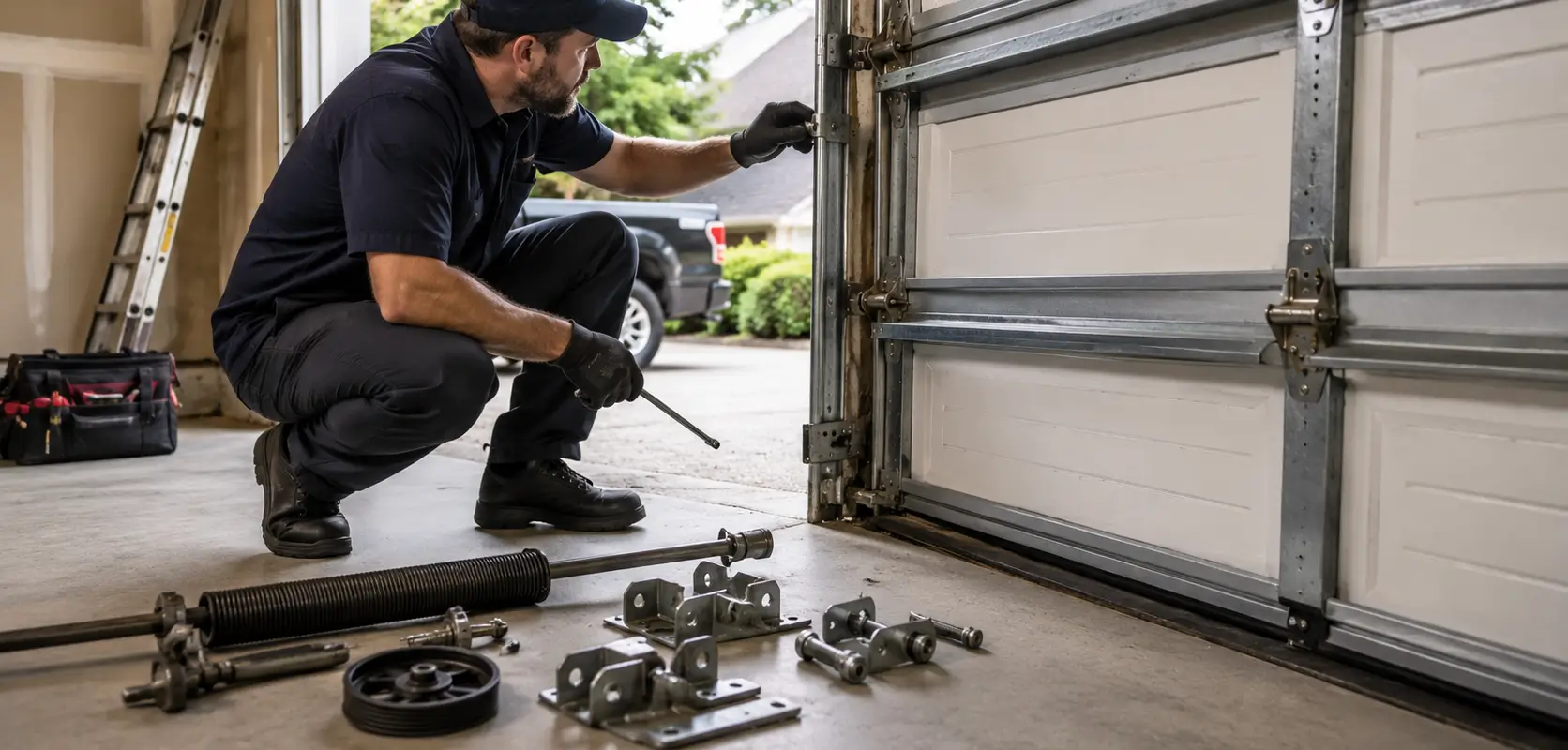Garage door repair technician inspecting multiple garage door components to determine whether repair or replacement is needed