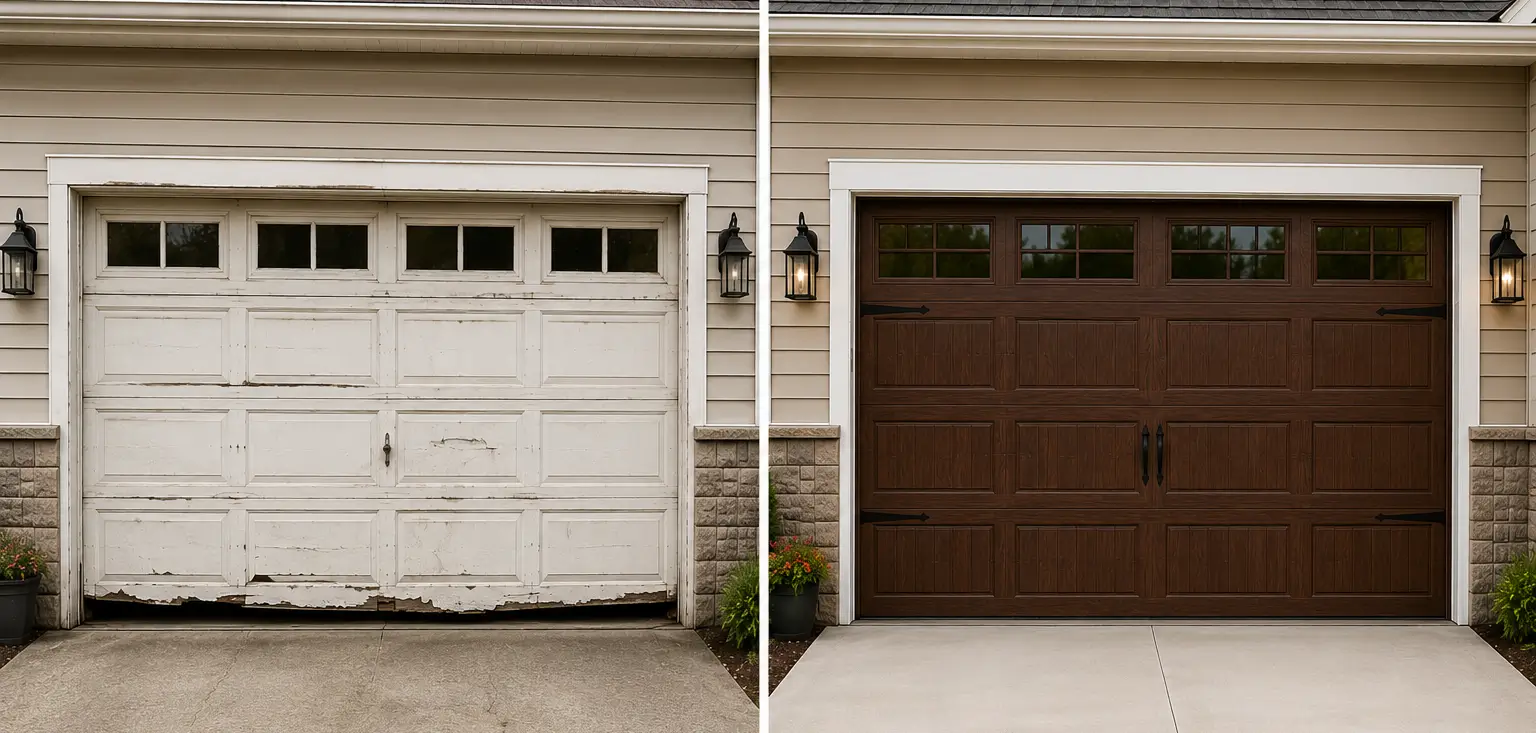Before and after residential garage door replacement showing a damaged sectional door upgraded to a durable wood-finish garage door