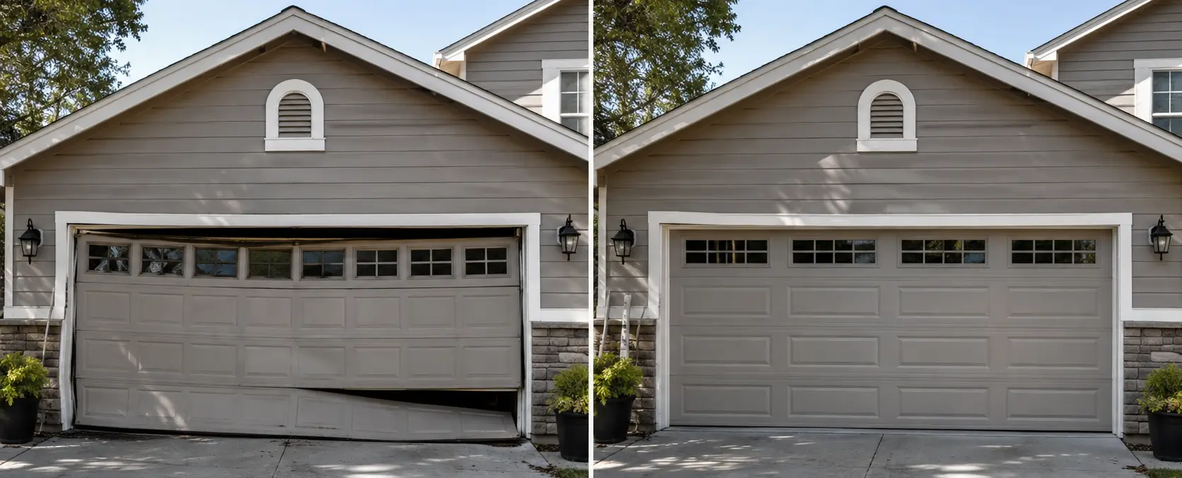 Before and after residential garage door repair showing a damaged uneven door restored to proper alignment and condition