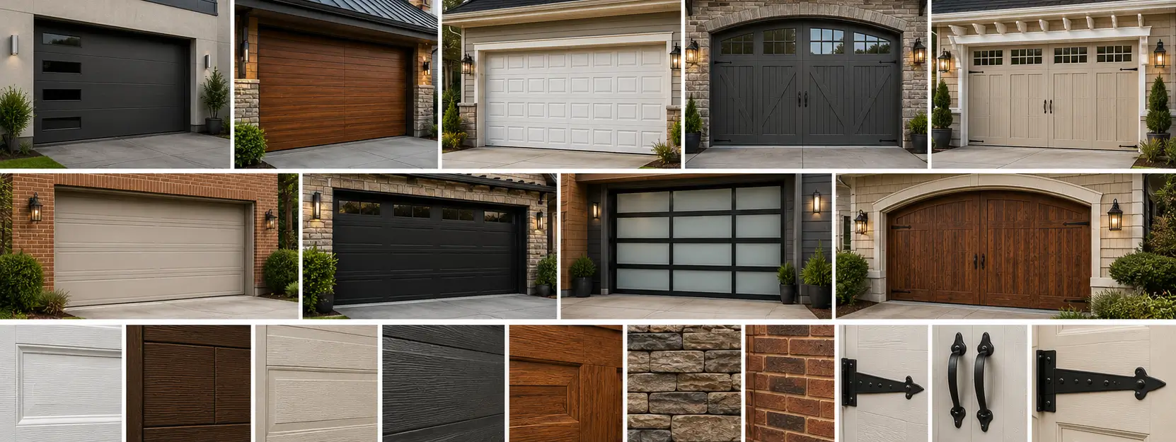 Collection of residential garage door styles including carriage house, modern glass, raised panel, flush panel and wood designs