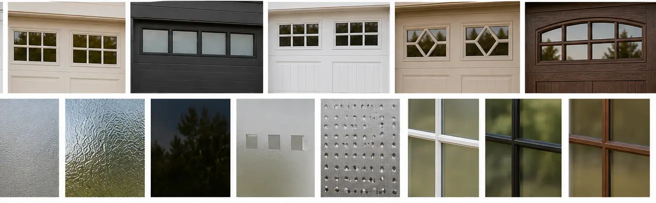 Residential garage door window styles showing different placements, glass finishes and frame designs
