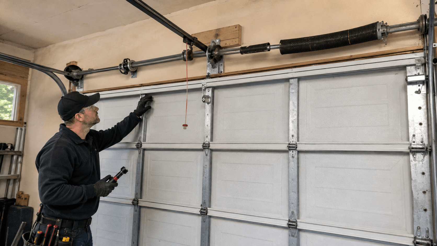 Garage door technician inspecting a broken torsion spring, shaft, cables and related lifting hardware
