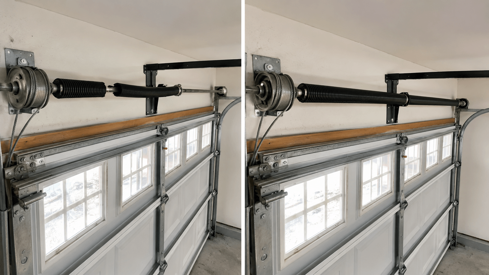 Before and after garage door spring replacement showing a broken torsion spring and a properly restored spring system