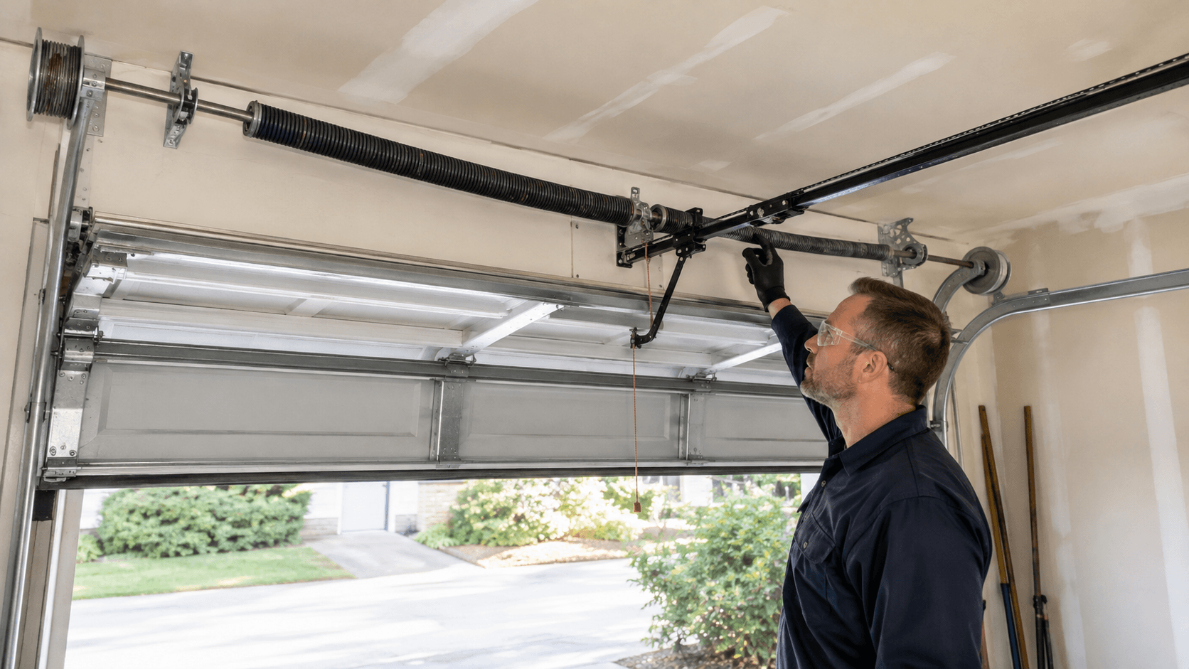 Garage door technician inspecting torsion springs, shaft, cables and opener hardware for proper door balance