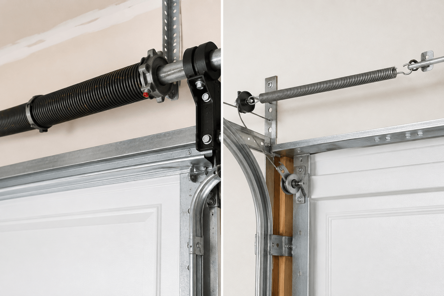 Comparison of torsion and extension garage door spring systems with tracks, cables, pulleys and mounting hardware